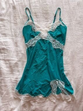 Victoria's Secret Teal Slip Chemise with White Lace Trim